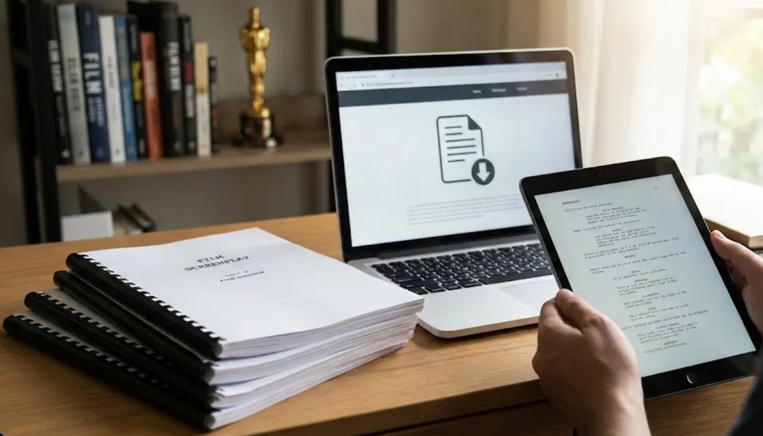 A desk workspace featuring a laptop downloading files, a tablet reading a script, and a stack of printed screenplays.
