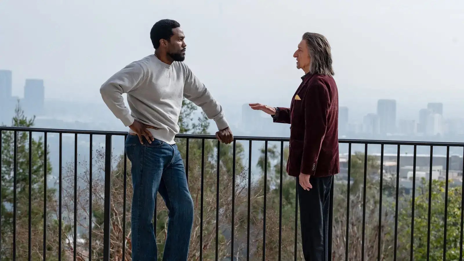 Wonder Man trailer scene showing an intense conversation between actors overlooking Hollywood