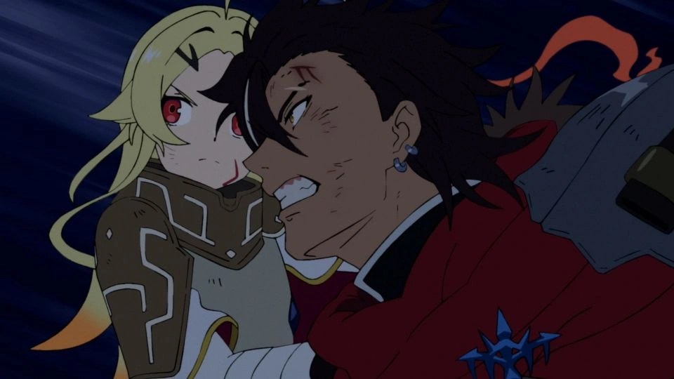 Sentenced to Be a Hero anime scene showing Xylo Forbartz locked in brutal combat with the goddess Teoritta during a dark fantasy battle