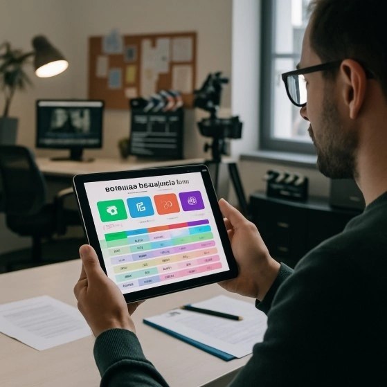 A clean, modern film production office where a producer is looking at a tablet showing a vibrant, automated script breakdown dashboard instead of messy stacks of paper.