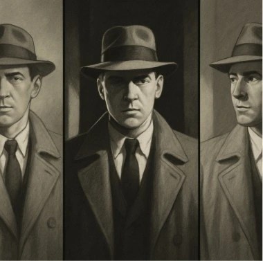 Three consecutive storyboard frames showing the same detective character in different lighting and poses, maintaining the same face and outfit.