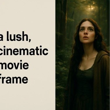 A split screen showing a simple text prompt on the left and a lush, cinematic movie frame on the right.