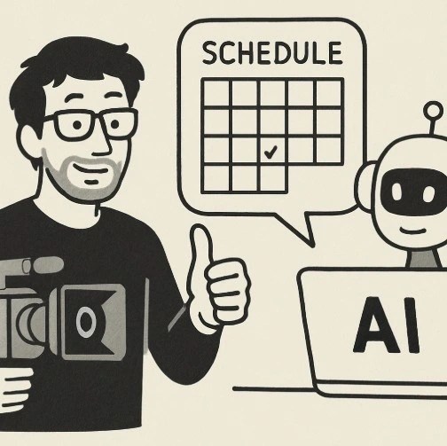 A filmmaker and an AI interface working together, with the human making a 'thumbs up' gesture at a suggested schedule.