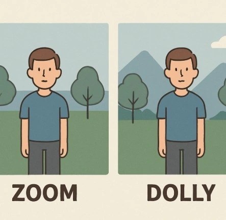 A visual showing a 'Zoom' making everything flat versus a 'Dolly' where the background elements move at different speeds.