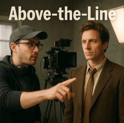 A filmmaker on a set directing an actor, representing 'Above-the-Line' talent.