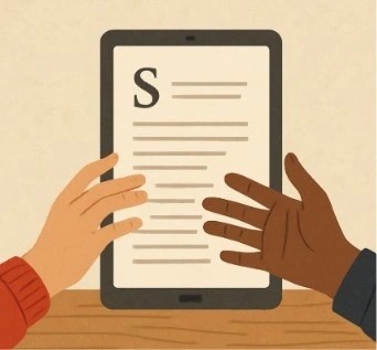 Two hands from different people reaching towards a central tablet showing a script, symbolizing collaboration.