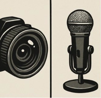 A split-screen illustration showing a camera lens on one side and a microphone on the other to represent the two columns.