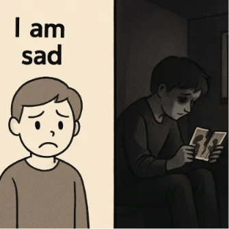 A visual contrast: one side shows a character saying 'I am sad', the other side shows a character sitting alone in a dark room holding a torn photograph.