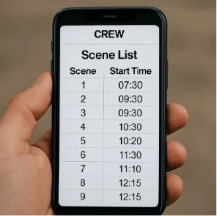 A close-up of a mobile phone displaying a clear, simple list of scene numbers and a 'Start Time' for a crew member.