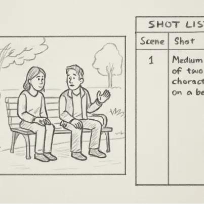 A digital storyboard panel showing a simple sketch of two characters in a park, with a shot list sidebar visible.