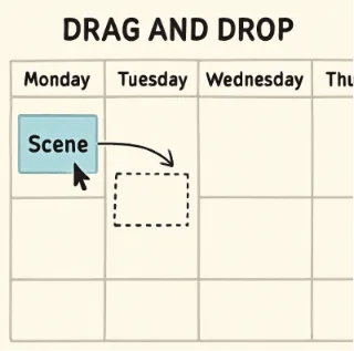 A simple calendar view showing 'Drag and Drop' functionality for moving a scene from Monday to Tuesday.
