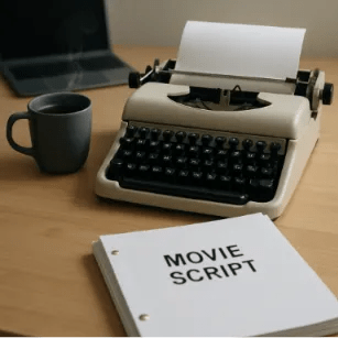 A clean, well-lit desk with a typewriter or laptop, a steaming cup of coffee, and a stack of movie scripts, symbolizing the creative process.