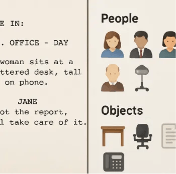 A split-screen illustration: one side is a typed script page, the other is a categorized list showing icons for 'People' and 'Objects'.