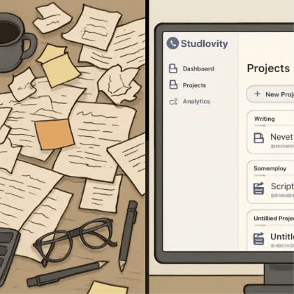 A split screen showing a chaotic, paper-covered desk on one side and a clean, organized digital interface of Studiovity on the other.