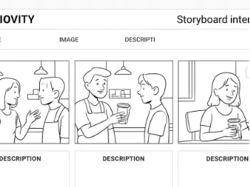 A clean screenshot of the Studiovity storyboard interface showing three frames of a simple coffee shop interaction.