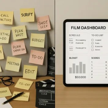 A side-by-side comparison of a cluttered desk with paper notes versus a clean tablet screen showing an organized film dashboard.