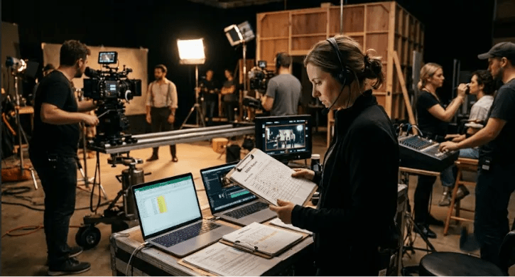 A comparison of two scenes: one shows a stressed woman managing film scheduling with stacks of paper, the other shows a composed woman using efficient software on a computer.