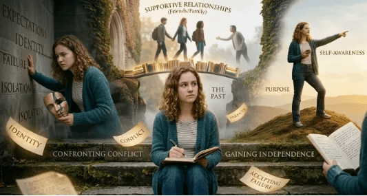 An allegorical composite image of the student from image_4.png, surrounded by symbolic scenes and text like "FAILURE," "IDENTITY," "CONFRONTING CONFLICT," and "PURPOSE" on a journey towards self-awareness.