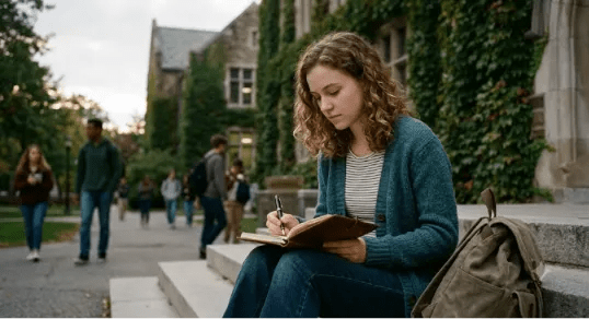 A curly-haired student in a teal cardigan writes in a journal while sitting on college steps. The traditional, ivy-covered campus building is in the background.