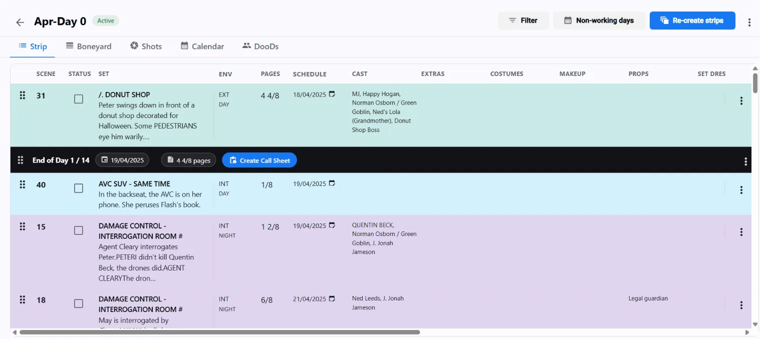 Studiovity digital stripboard interface organizing scene schedules, cast members, and locations for an efficient filmmaking pre-production workflow.