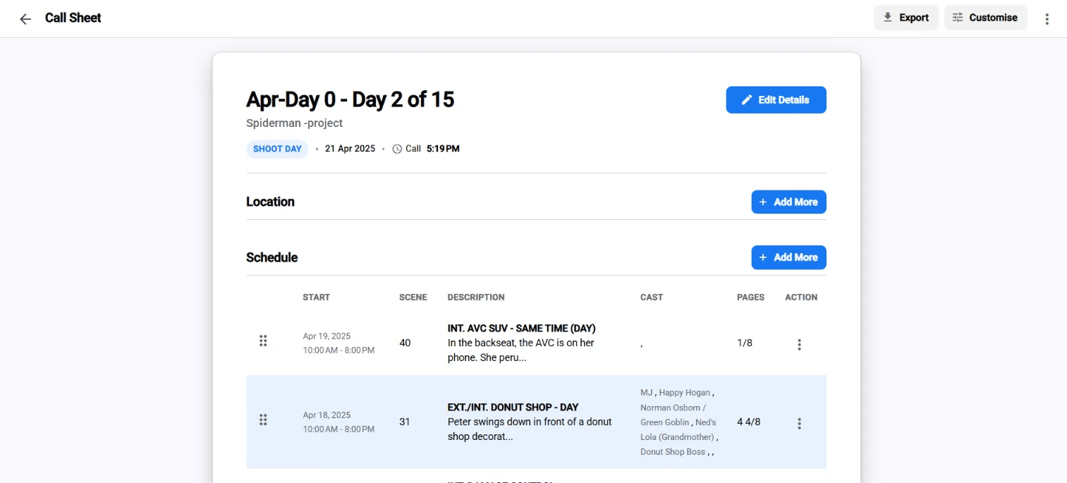 Screenshot of the Studiovity call sheet generator dashboard displaying daily shoot schedules, scene descriptions, and cast assignments.