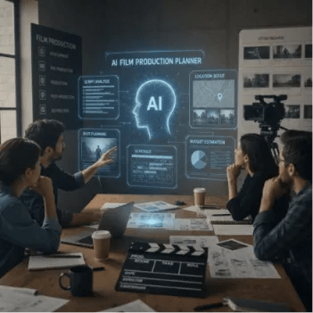 A modern production crew collaborating around a table with a glowing digital interface displaying AI film production planning data, schedules, and scripts.