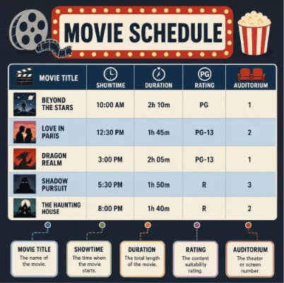 Illustrative infographic of a cinema movie schedule template showing titles, showtimes, and durations.