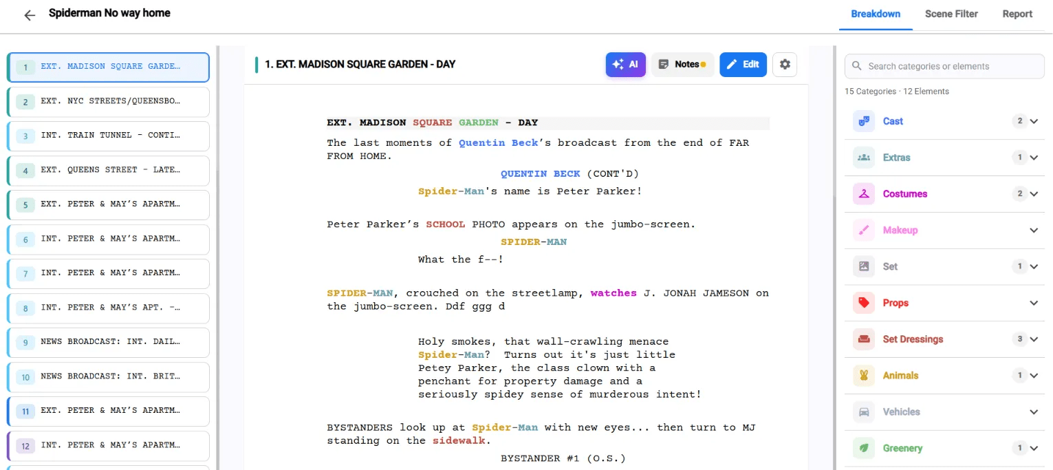 Studiovity Digital script breakdown interface mapping out scene elements to build a film shooting schedule.