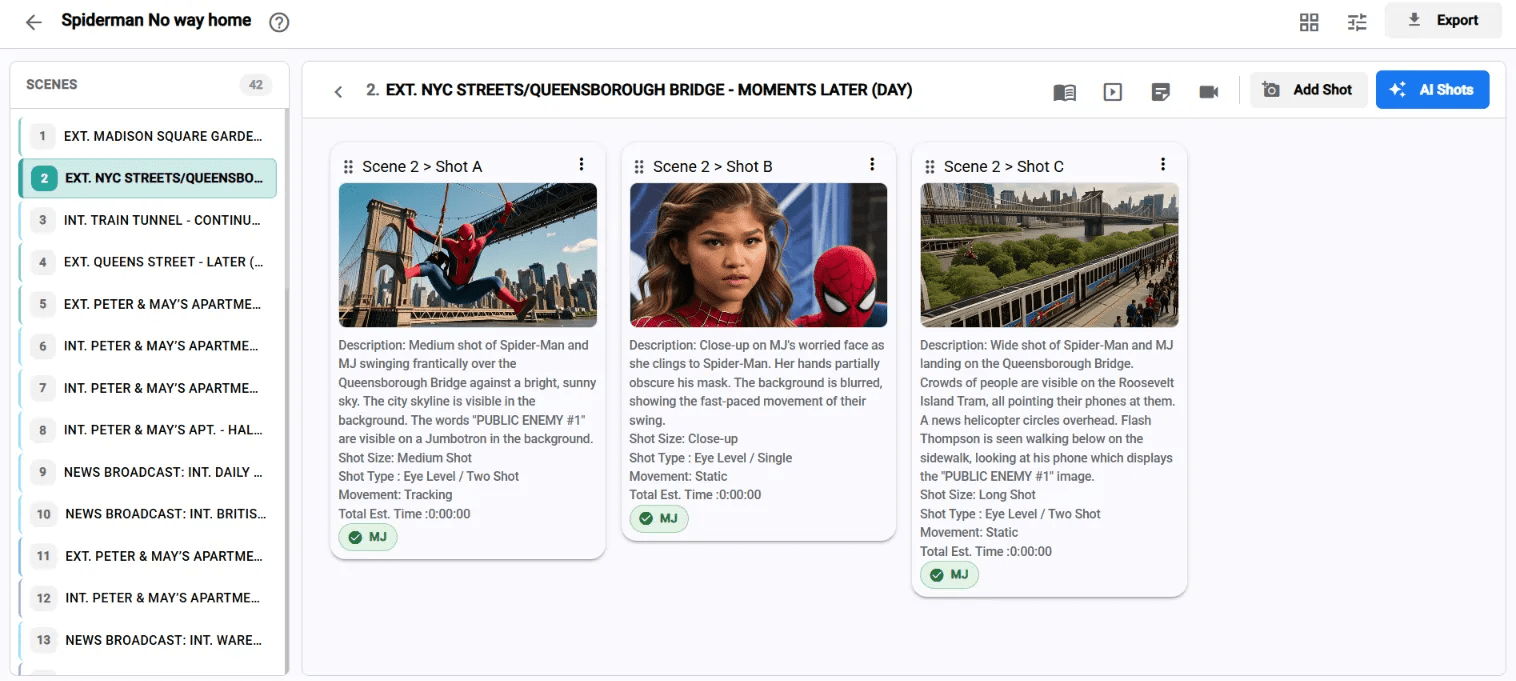 A digital film production dashboard displaying a shot-by-shot sequence for a Spider-Man project.