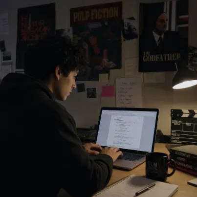 Film student using the best screenwriting software for film students to write a script on a laptop at a desk.