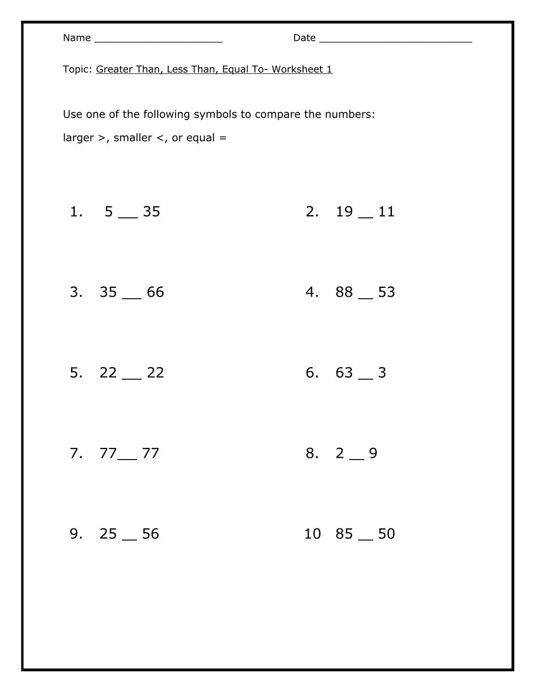 More or less worksheets printable