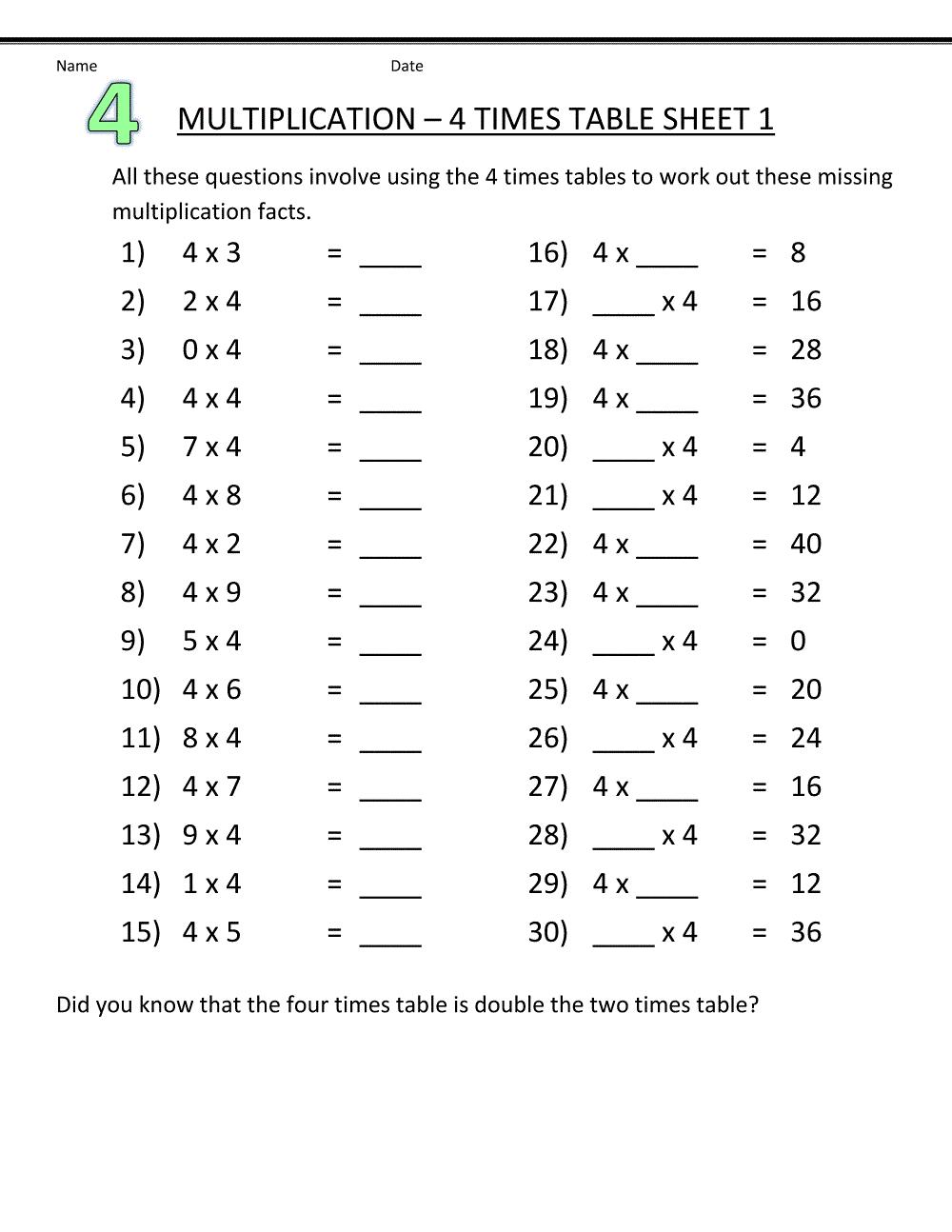 Printable 4 times table worksheets