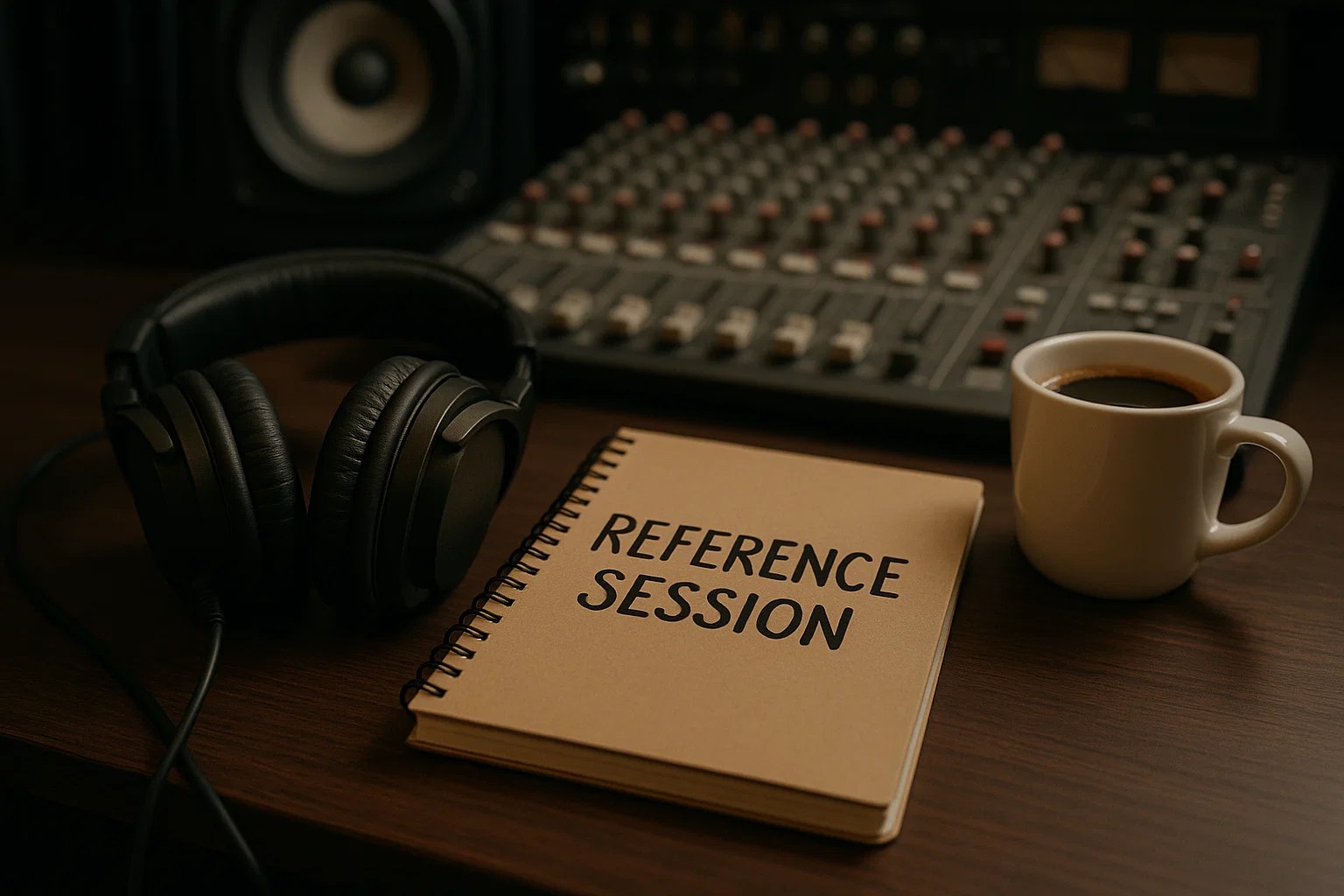 Studio with headphones, notebook and coffee labelled "Reference Session".