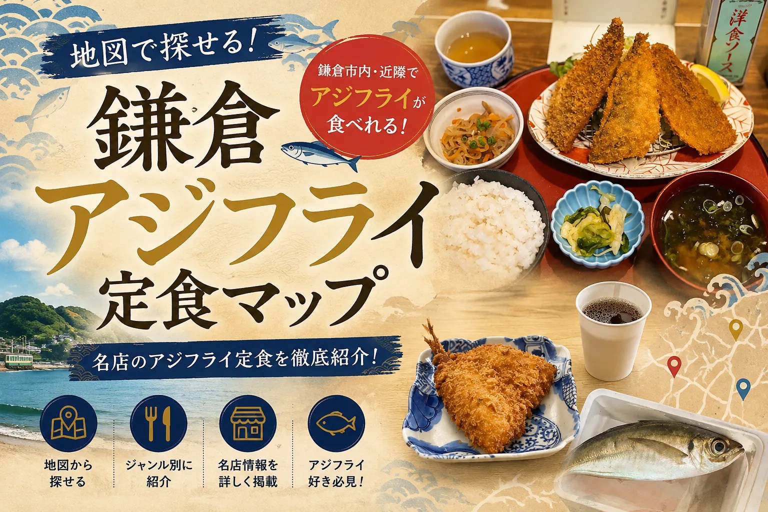 鎌倉アジフライ定食マップ（地図）｜鎌倉市内（近隣）でアジフライが食べれるお店一覧（随時更新）