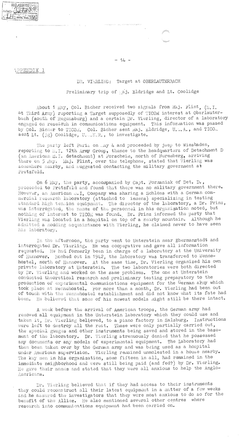 TICOM (SIGINT) documents detailing Oskar Vierling. 1945