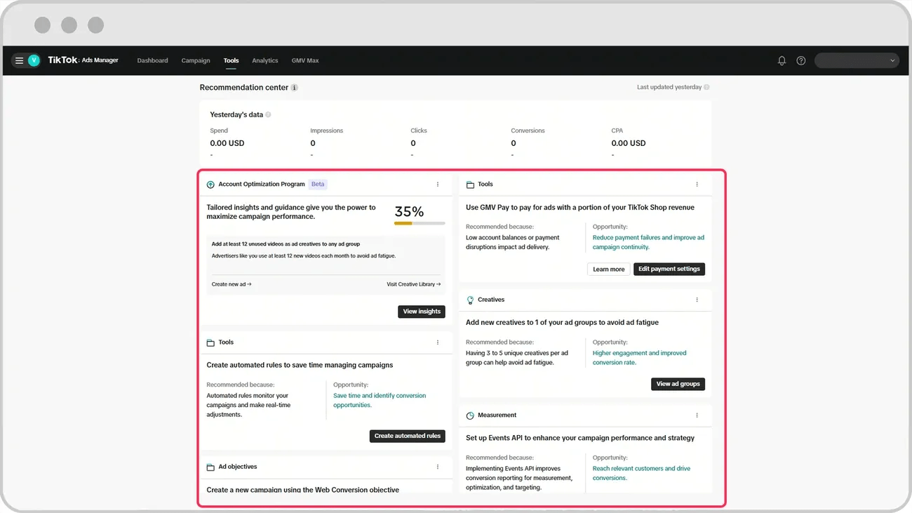 TikTok Ads Manager Account Optimization Score at 35% with tailored insights and tools for campaign improvement.