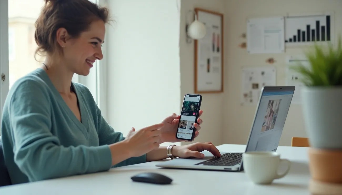 Person working on a laptop and holding a smartphone displaying TikTok app in a home office setting.
