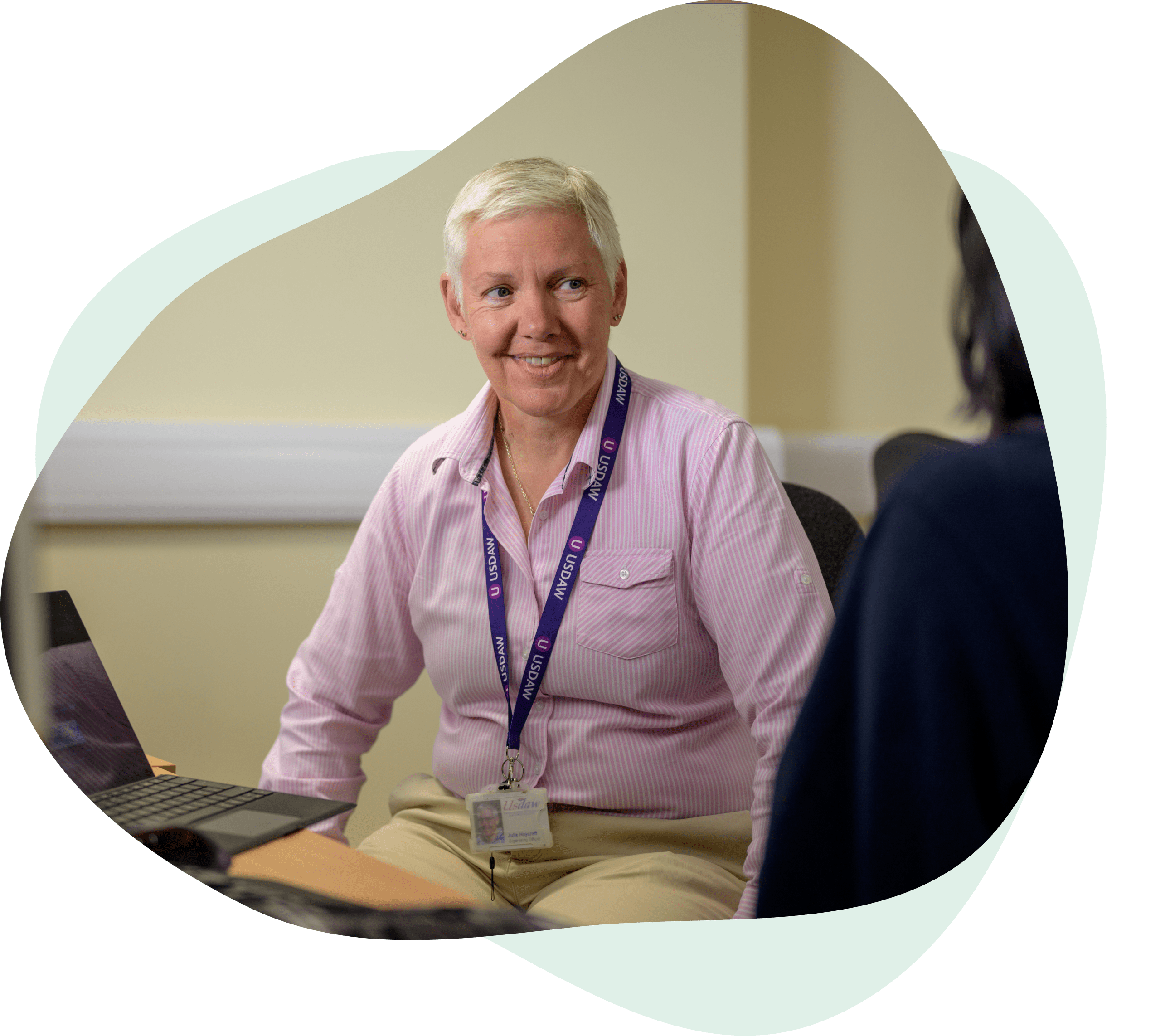 Lady wearing lanyard