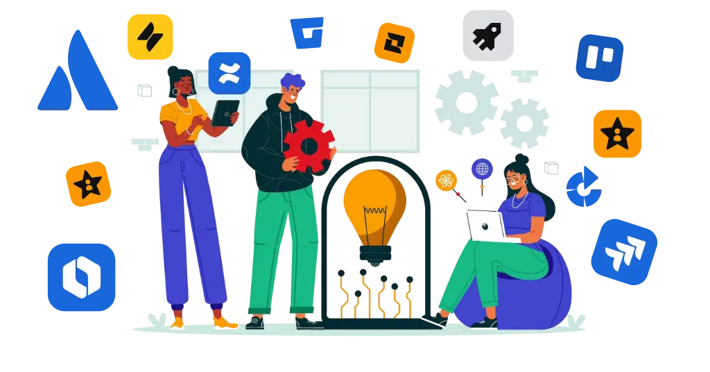 illustration-depicting-people-working-with-Atlassian-consulting-tools-and-AI-products
