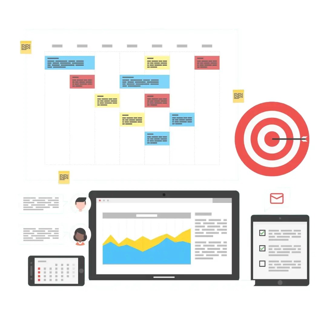 Project portfolio roadmap target and computer showing project portfolio management performance indicators