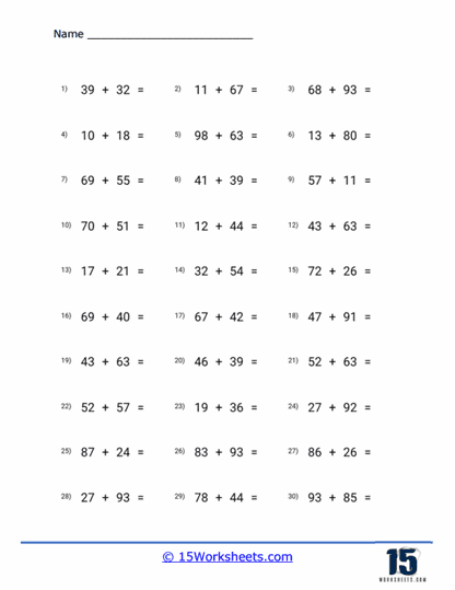 Double digit addition worksheets