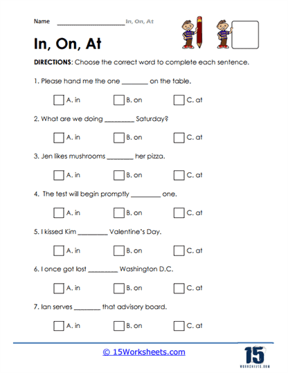 In, on, at worksheets