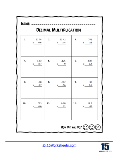 Decimal multiplication worksheets
