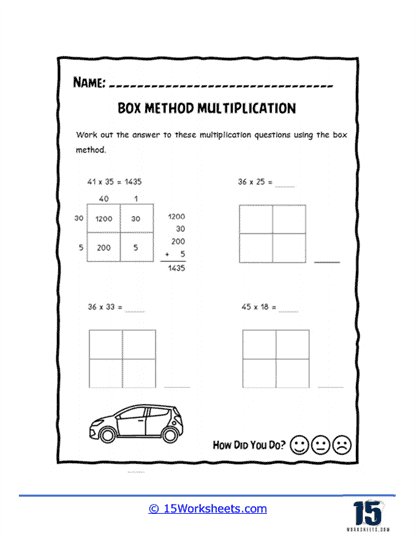 Box method multiplication worksheets