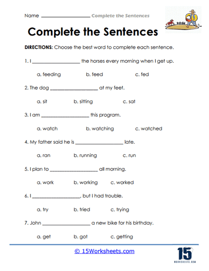 Complete the sentence worksheets