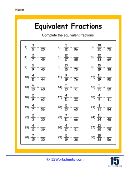 Equivalent fractions worksheets