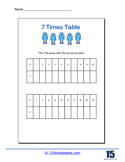 7 times tables worksheets