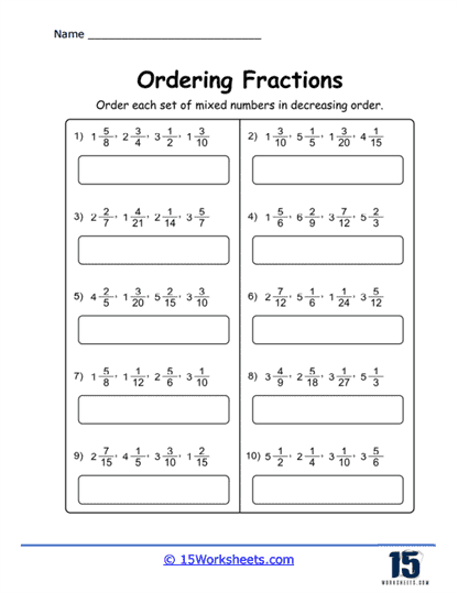 Ordering fractions worksheets