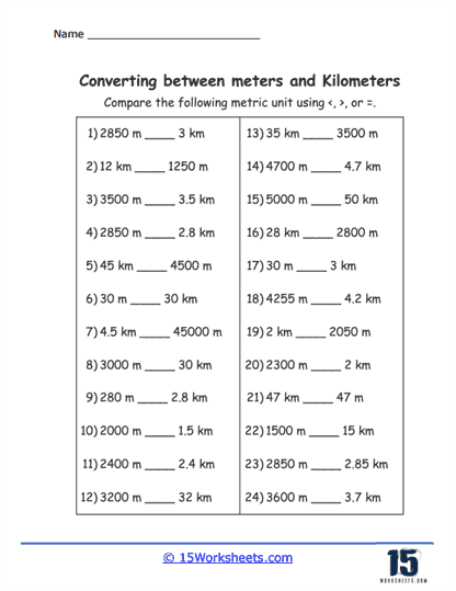 Converting meters and kilometers worksheets