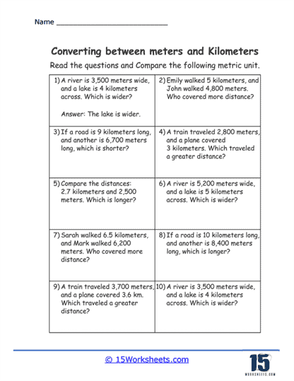 Converting meters and kilometers worksheets